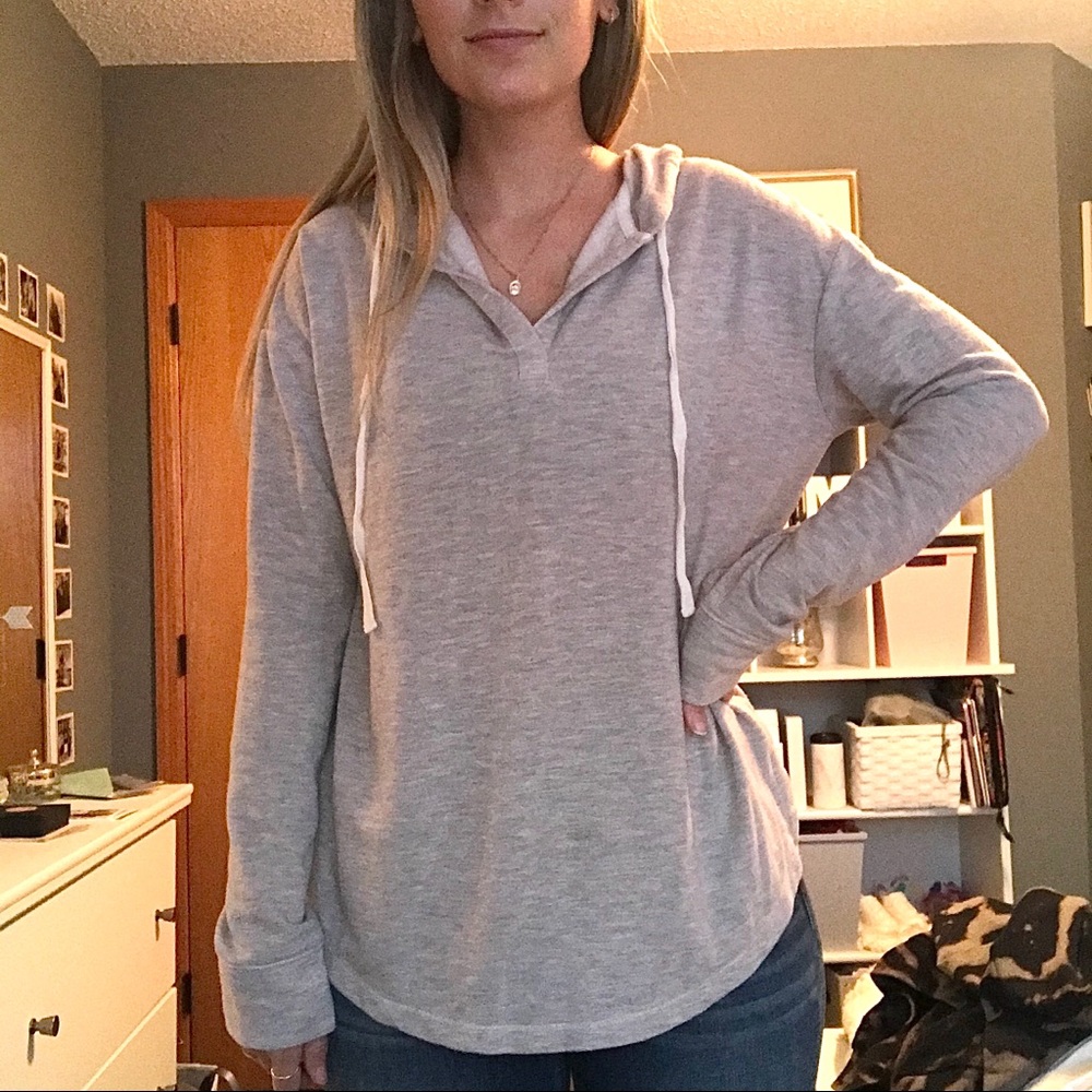 Gray Slit Neck Hooded Sweatshirt